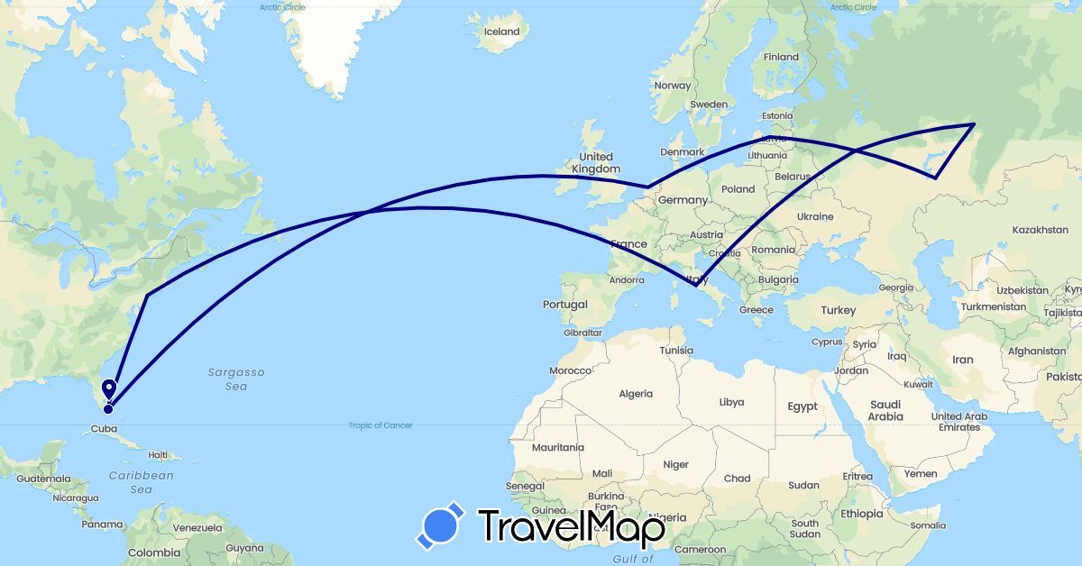TravelMap itinerary: driving in Ireland, Italy, Latvia, Netherlands, Russia, United States (Europe, North America)